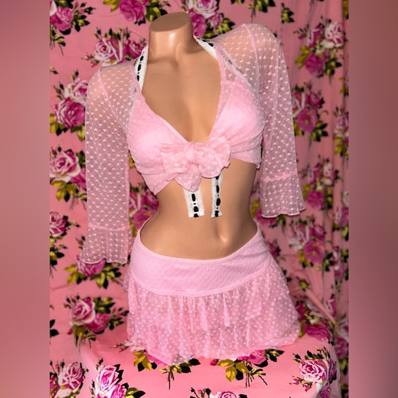 Betsey Johnson pink heart Barbie Pinup bikini swimsuit vintage cover up skirt sm - Picture 2 of 3